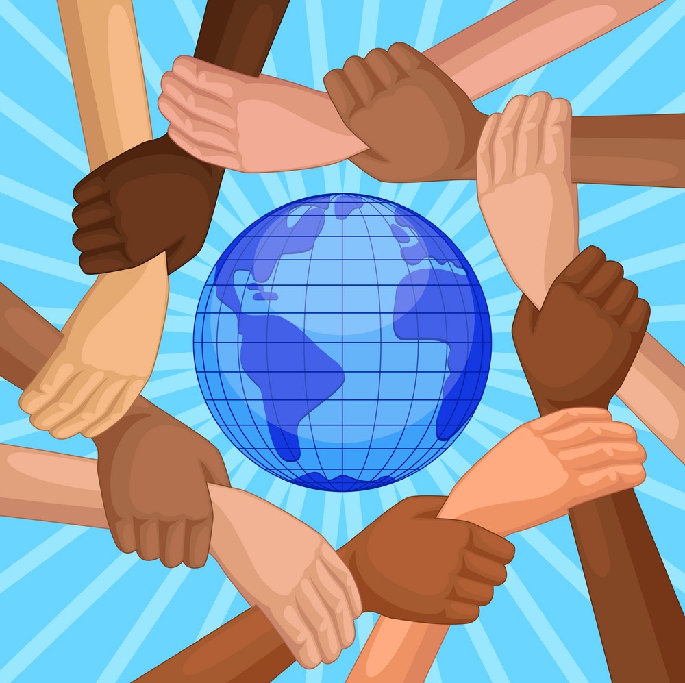 multicultural hands around globe
